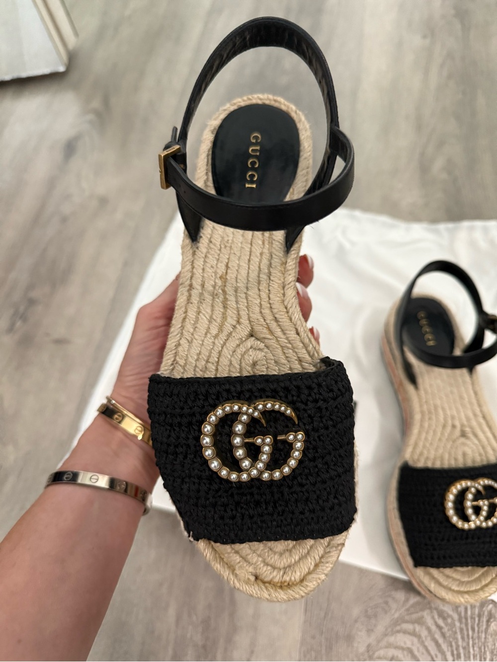 Gucci Black Raffia Espadrille Sandals with Gold Crystal Double G - Picture 11 of 14